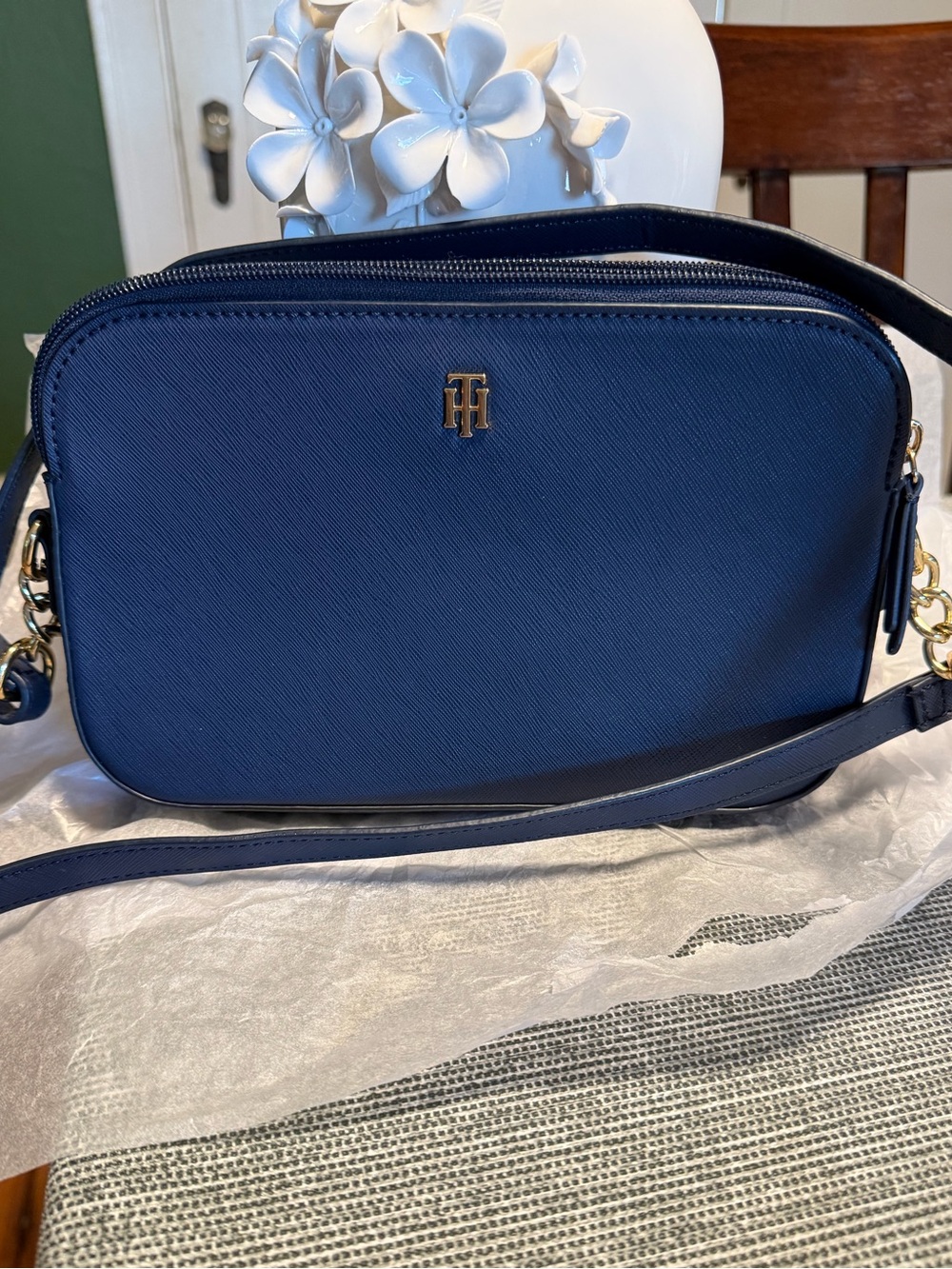 Tommy Hilfiger Blue Saffiano Crossbody with Gold Hardware